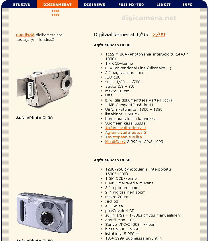 Kuvaruutukaappaus digicamera.netin sivuista vuodelta 1999